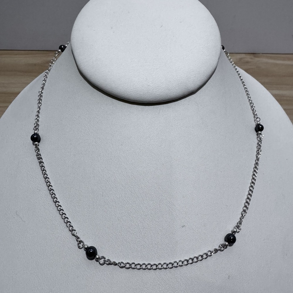 VINTAGE Sterling Silver & Hematite Bead Necklace 16" 925 Station Necklace 1990s